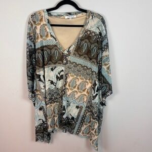 Rose & Olive Womens Blue Paisley Patchwork lined V-Neck Stretch Blouse sz 1X/2X